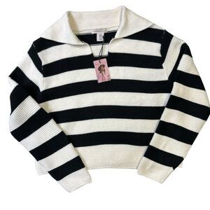 Sincerely Jules Sweater Cropped Striped V-Neck Pullover Sz M NWT